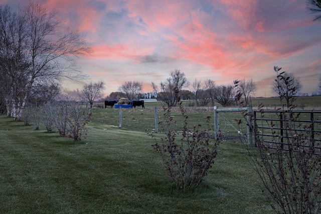 yard at dusk featuring a rural view and fence