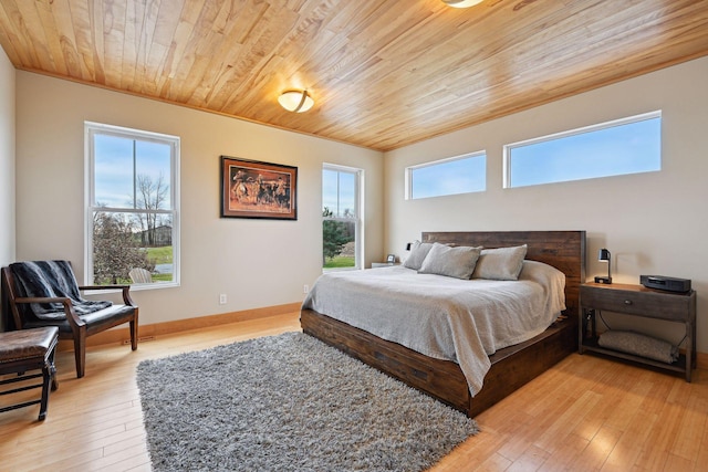 bedroom featuring wooden ceiling, multiple windows, and light wood-style flooring