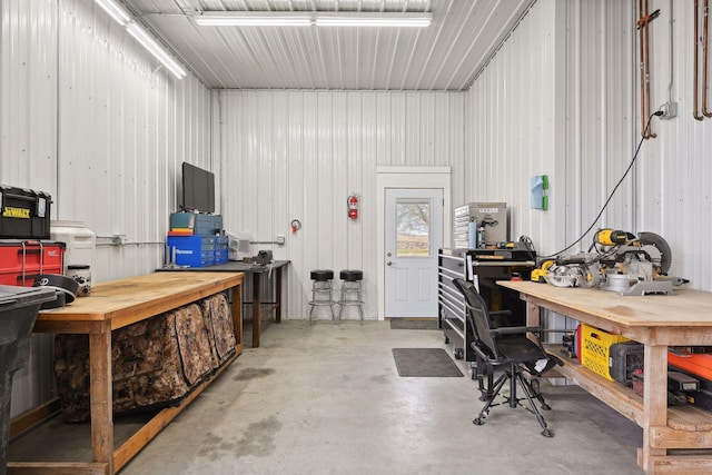 garage with a workshop area