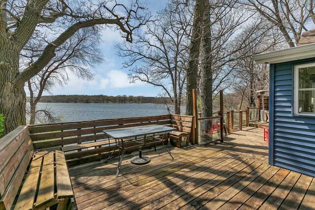 wooden terrace featuring a water view