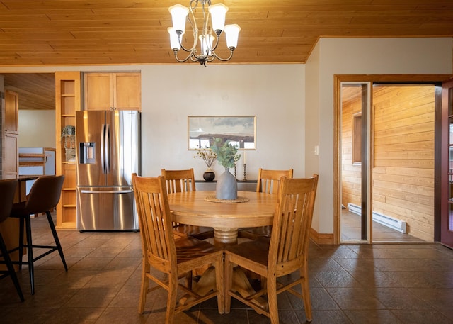 dining room with wood ceiling, a notable chandelier, and dark tile patterned flooring