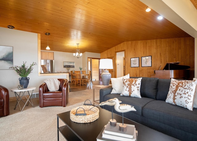 living area featuring an inviting chandelier, wooden walls, vaulted ceiling, wooden ceiling, and carpet floors