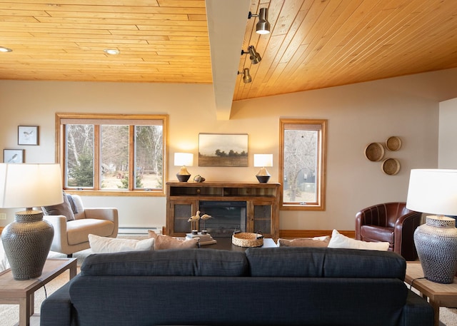 living area with vaulted ceiling, a glass covered fireplace, baseboard heating, wood ceiling, and track lighting