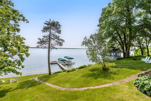 9472 Rocky Point Trl, Lake Shore, MN 56468 - dock with a water view, boat lift, and a yard