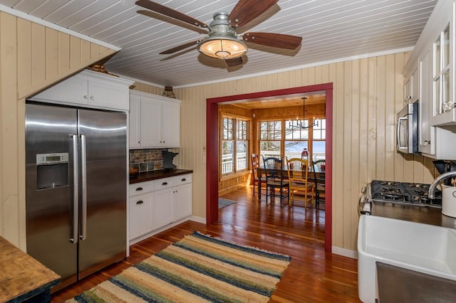 9472 Rocky Point Trl, Lake Shore, MN 56468 - kitchen with appliances with stainless steel finishes, a ceiling fan, dark wood-type flooring, white cabinets, and wood ceiling