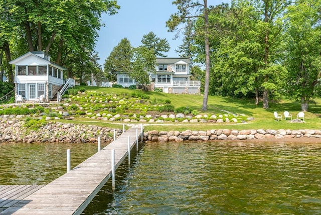 9472 Rocky Point Trl, Lake Shore, MN 56468 - dock area featuring a water view, a yard, and stairs