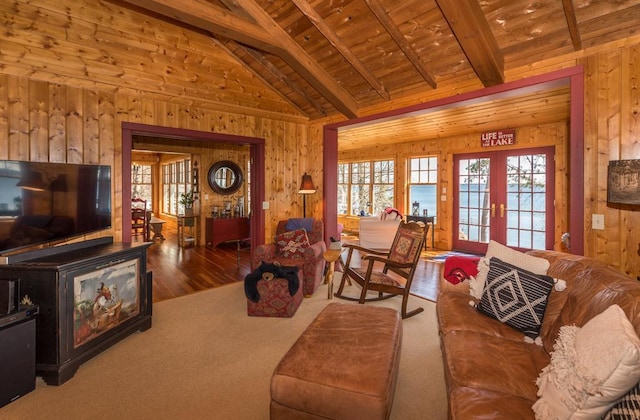 9472 Rocky Point Trl, Lake Shore, MN 56468 - living area featuring french doors, wood walls, wooden ceiling, and wood finished floors