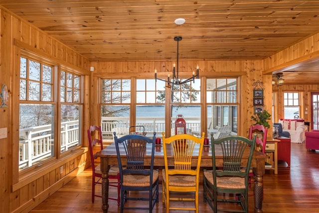 9472 Rocky Point Trl, Lake Shore, MN 56468 - dining area with wooden walls, wood-type flooring, wood ceiling, and a chandelier