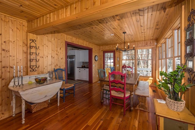 9472 Rocky Point Trl, Lake Shore, MN 56468 - dining room featuring wood ceiling, hardwood / wood-style floors, a chandelier, and wooden walls