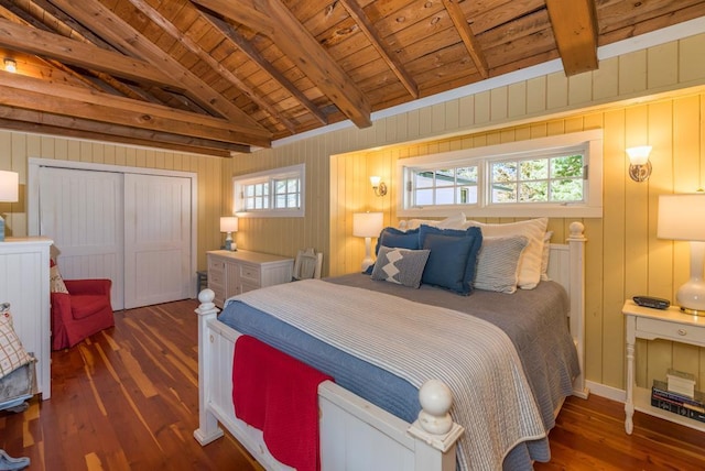 9472 Rocky Point Trl, Lake Shore, MN 56468 - bedroom featuring hardwood / wood-style flooring, a closet, wooden ceiling, and wood walls