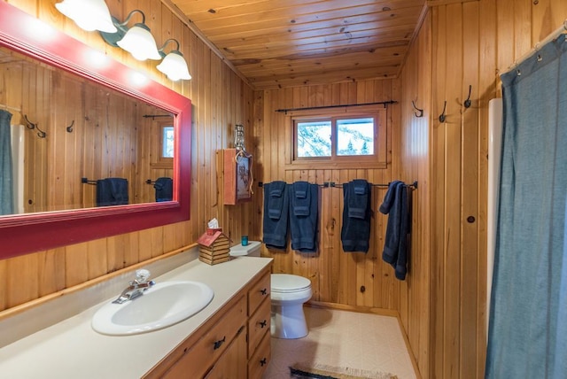 9472 Rocky Point Trl, Lake Shore, MN 56468 - bathroom with vanity, tile patterned floors, wooden walls, wood ceiling, and a shower with shower curtain