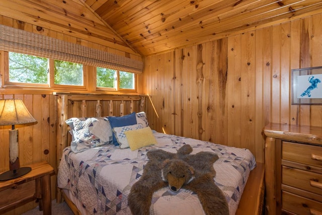 9472 Rocky Point Trl, Lake Shore, MN 56468 - bedroom with lofted ceiling, wood walls, and wooden ceiling