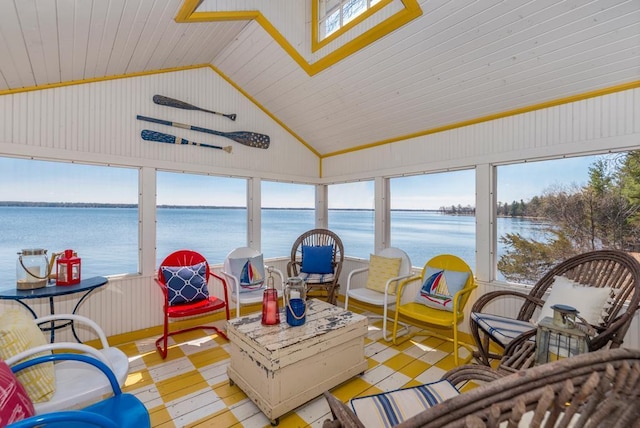 9472 Rocky Point Trl, Lake Shore, MN 56468 - sunroom / solarium with a water view, vaulted ceiling, and tile patterned floors