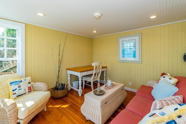 9472 Rocky Point Trl, Lake Shore, MN 56468 - living room featuring wood finished floors, recessed lighting, and wood walls