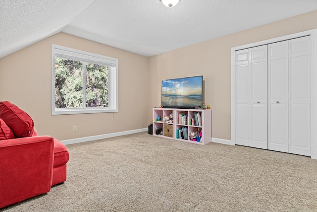 1337 Kenilworth Dr, Woodbury, MN 55125 - recreation room with baseboards, carpet, vaulted ceiling, and a textured ceiling