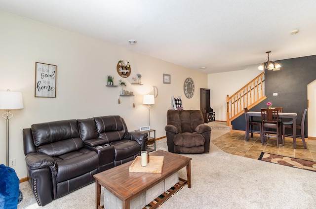 carpeted living area with baseboards, visible vents, an inviting chandelier, and stairs