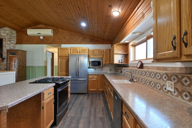 kitchen featuring wood ceiling, lofted ceiling, a sink, appliances with stainless steel finishes, and a wall mounted air conditioner