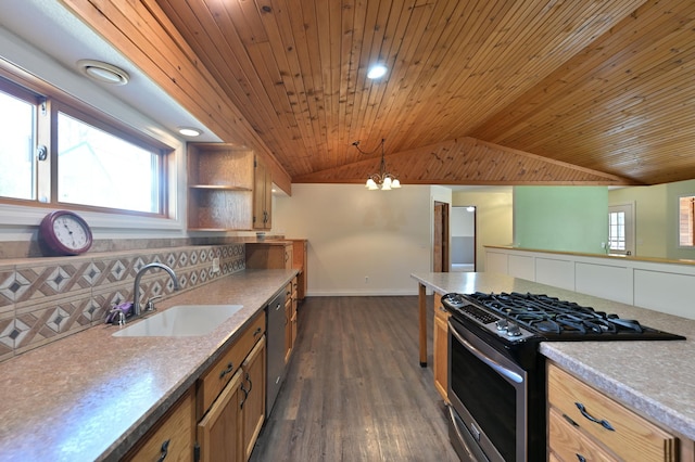 kitchen with a sink, stainless steel appliances, baseboards, lofted ceiling, and dark wood finished floors