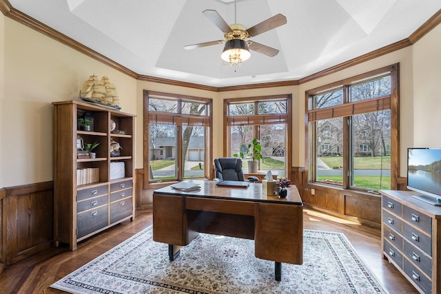 home office featuring ceiling fan, dark wood-type flooring, and a wainscoted wall