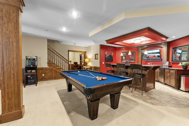 recreation room with wet bar, pool table, a wainscoted wall, light carpet, and recessed lighting