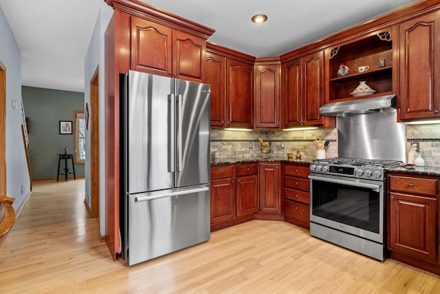 kitchen featuring tasteful backsplash, ventilation hood, light wood finished floors, and stainless steel appliances