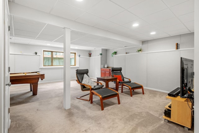 rec room with recessed lighting, a drop ceiling, billiards, carpet floors, and baseboards