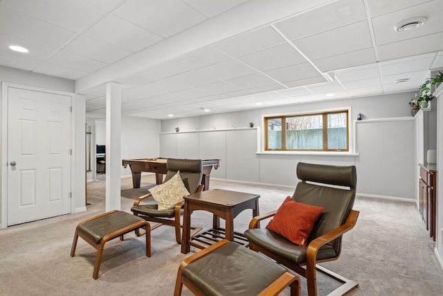 living area featuring light carpet, a paneled ceiling, pool table, and recessed lighting