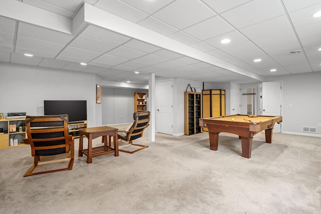 playroom featuring recessed lighting, visible vents, carpet flooring, and billiards