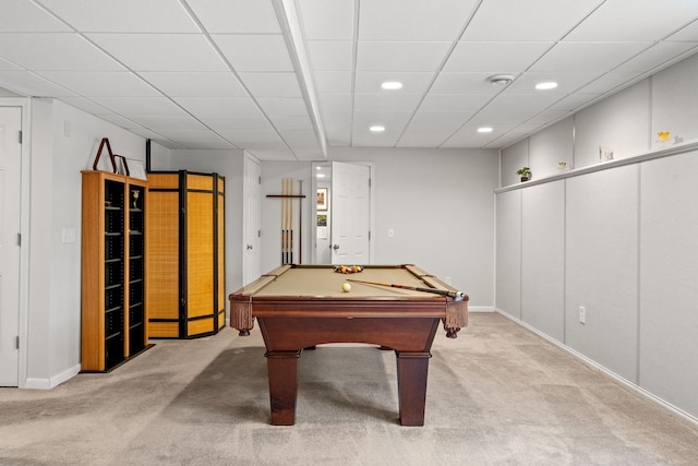 game room featuring baseboards, pool table, recessed lighting, and light colored carpet
