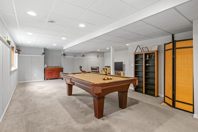 rec room with a paneled ceiling, baseboards, recessed lighting, light colored carpet, and billiards