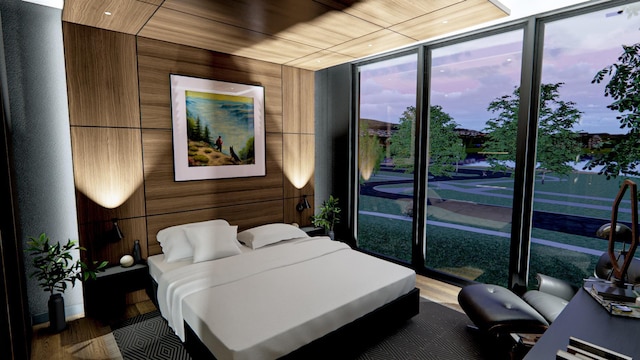 3701 Upton Ave S, Minneapolis, MN 55410 - bedroom with wood finished floors, wooden walls, and floor to ceiling windows