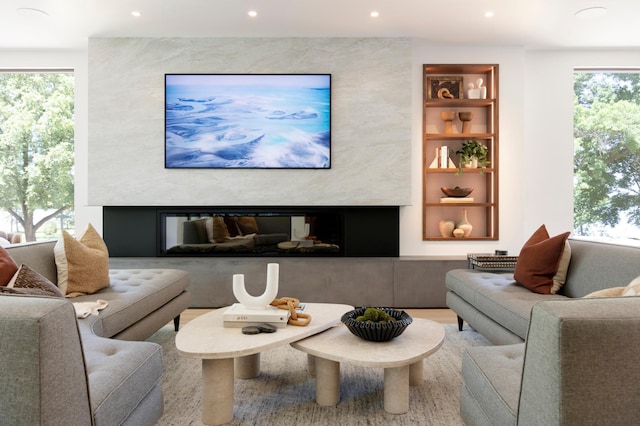 3701 Upton Ave S, Minneapolis, MN 55410 - living area with recessed lighting, a premium fireplace, plenty of natural light, and built in features