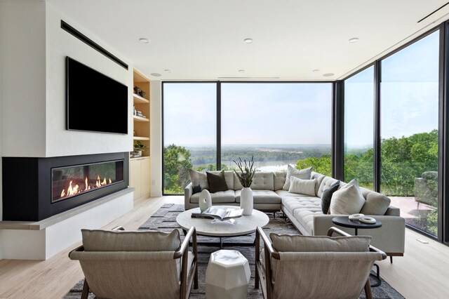3701 Upton Ave S, Minneapolis, MN 55410 - living area featuring a glass covered fireplace, light wood-style floors, and expansive windows