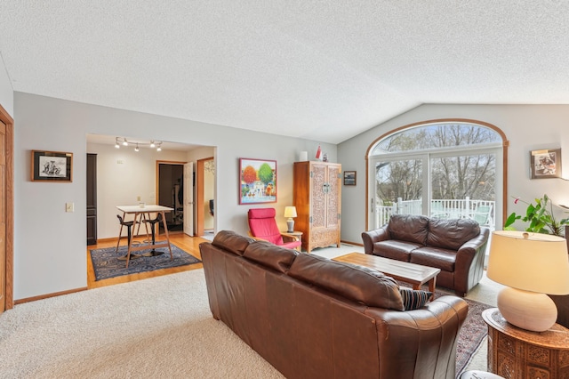 living room with a textured ceiling, track lighting, baseboards, lofted ceiling, and light carpet