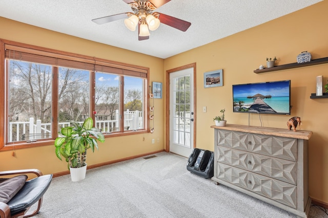 interior space featuring visible vents, baseboards, ceiling fan, a textured ceiling, and carpet