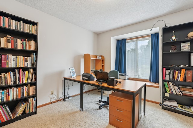 office featuring baseboards, light carpet, and a textured ceiling