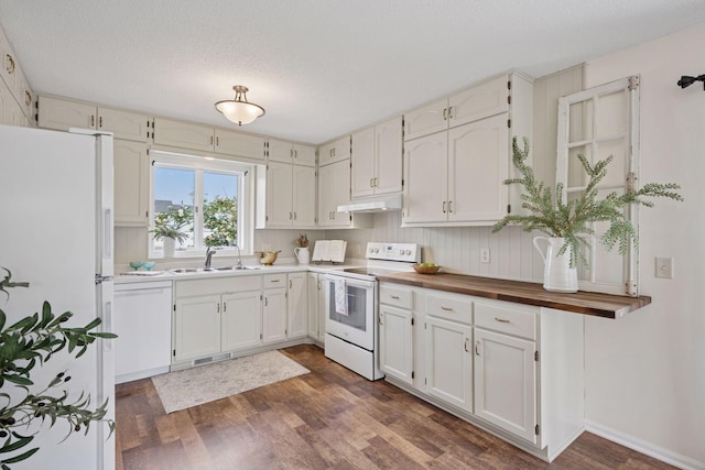 11 6th Ave S, Sartell, MN 56377 - kitchen with white appliances, under cabinet range hood, dark wood finished floors, a textured ceiling, and white cabinets