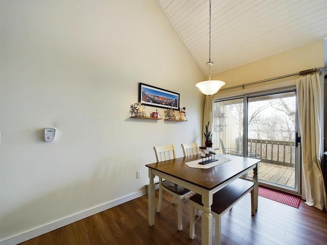 dining area with baseboards, wood ceiling, dark wood-style floors, and high vaulted ceiling