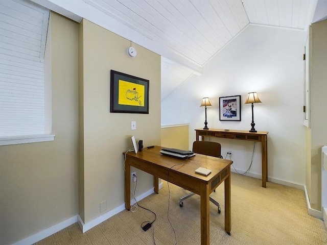 office with wooden ceiling, baseboards, vaulted ceiling, and light colored carpet