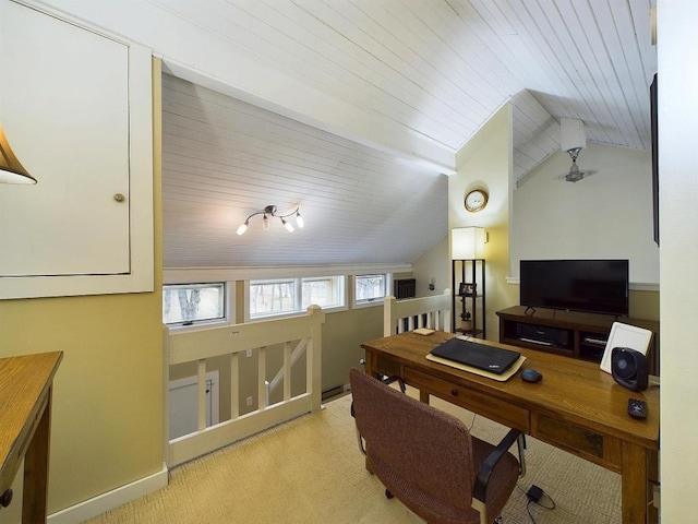 office space featuring wood ceiling and vaulted ceiling