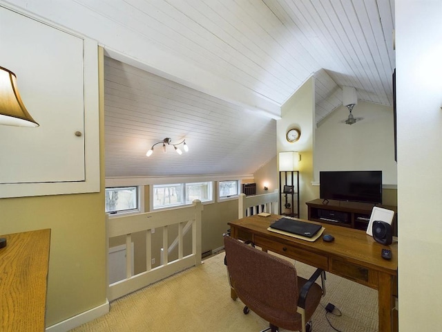 office with light colored carpet, lofted ceiling, and wooden ceiling