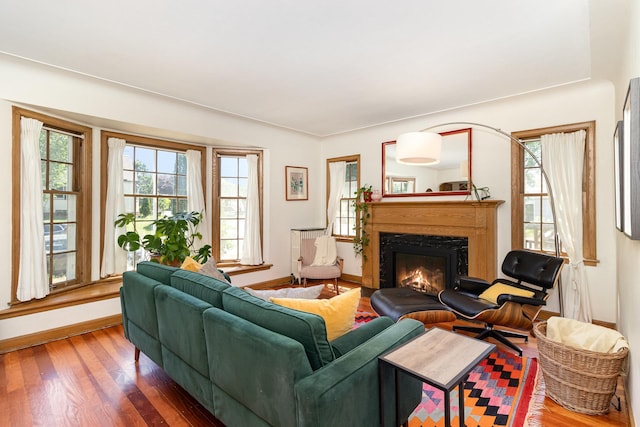 living area featuring wood finished floors, baseboards, and a lit fireplace