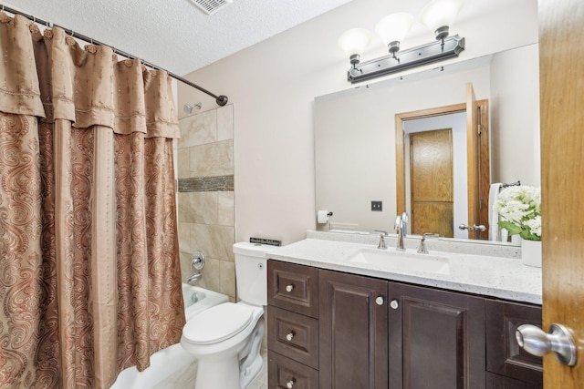 full bathroom featuring vanity, toilet, a textured ceiling, shower / bath combination with curtain, and visible vents