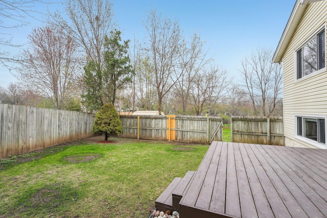 view of yard featuring a wooden deck and a fenced backyard
