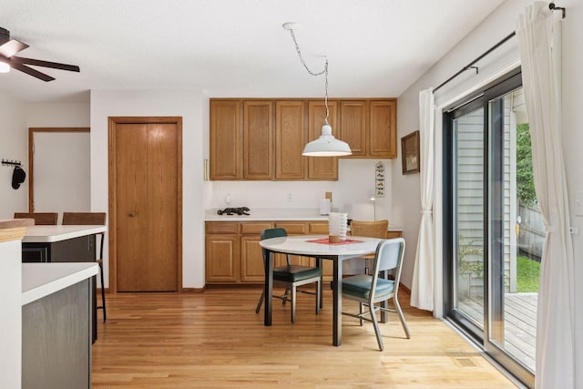 1283 Bidwell St, West Saint Paul, MN 55118 - kitchen with light wood-style floors, ceiling fan, hanging light fixtures, and light countertops