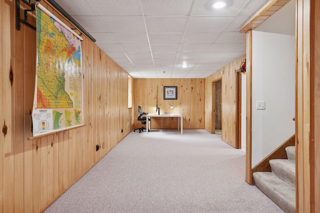 1283 Bidwell St, West Saint Paul, MN 55118 - finished basement with wooden walls, carpet floors, recessed lighting, a drop ceiling, and stairway