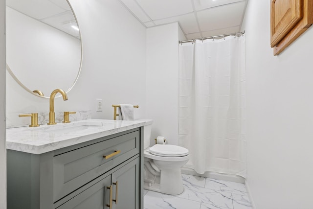 1283 Bidwell St, West Saint Paul, MN 55118 - bathroom with toilet, marble look tiles, vanity, a shower with curtain, and a drop ceiling