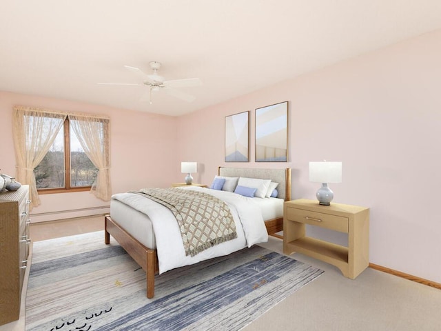 5501 Dewey Hill Rd Unit 233, Edina, MN 55439 - bedroom with a baseboard heating unit, ceiling fan, light carpet, and baseboards