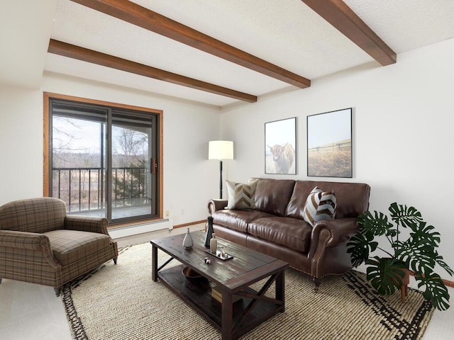 5501 Dewey Hill Rd Unit 233, Edina, MN 55439 - living room with beamed ceiling, baseboard heating, and baseboards