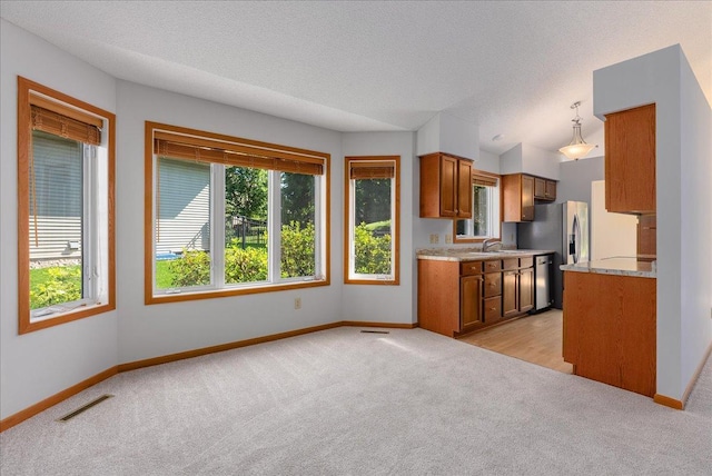 2228 White Pine Ct, Hudson, WI 54016 - kitchen with brown cabinetry, light carpet, stainless steel appliances, and a textured ceiling